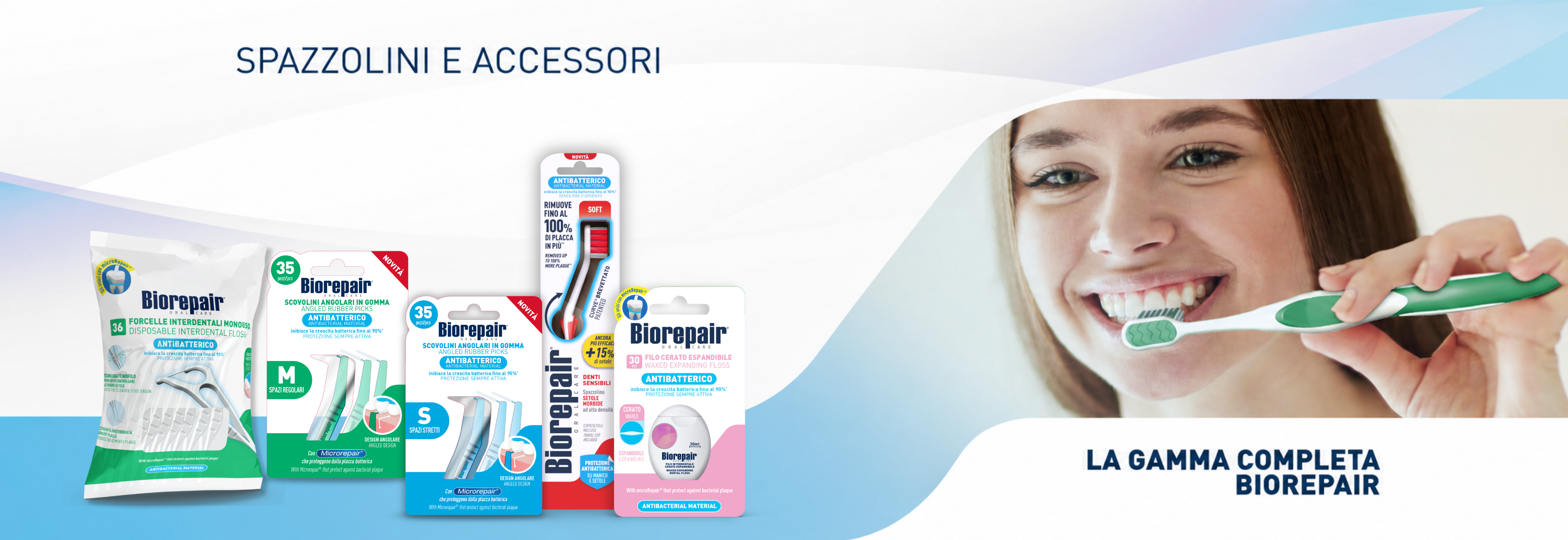 banner con prodotti e ragazza che sorride mentre si pulisce i denti 